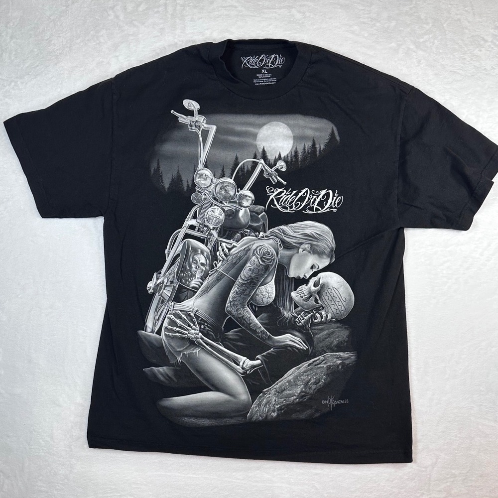Ride Or Die David Gonzales Biker Graphic T-Shirt Black Mens XL Skeleton Tattoo